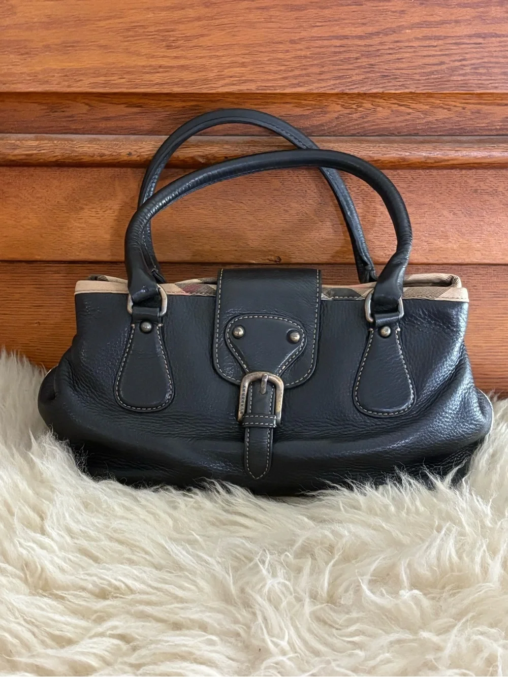 Burberry Black Pebble Soft Leather Satchel Bag with Plaid Trim
